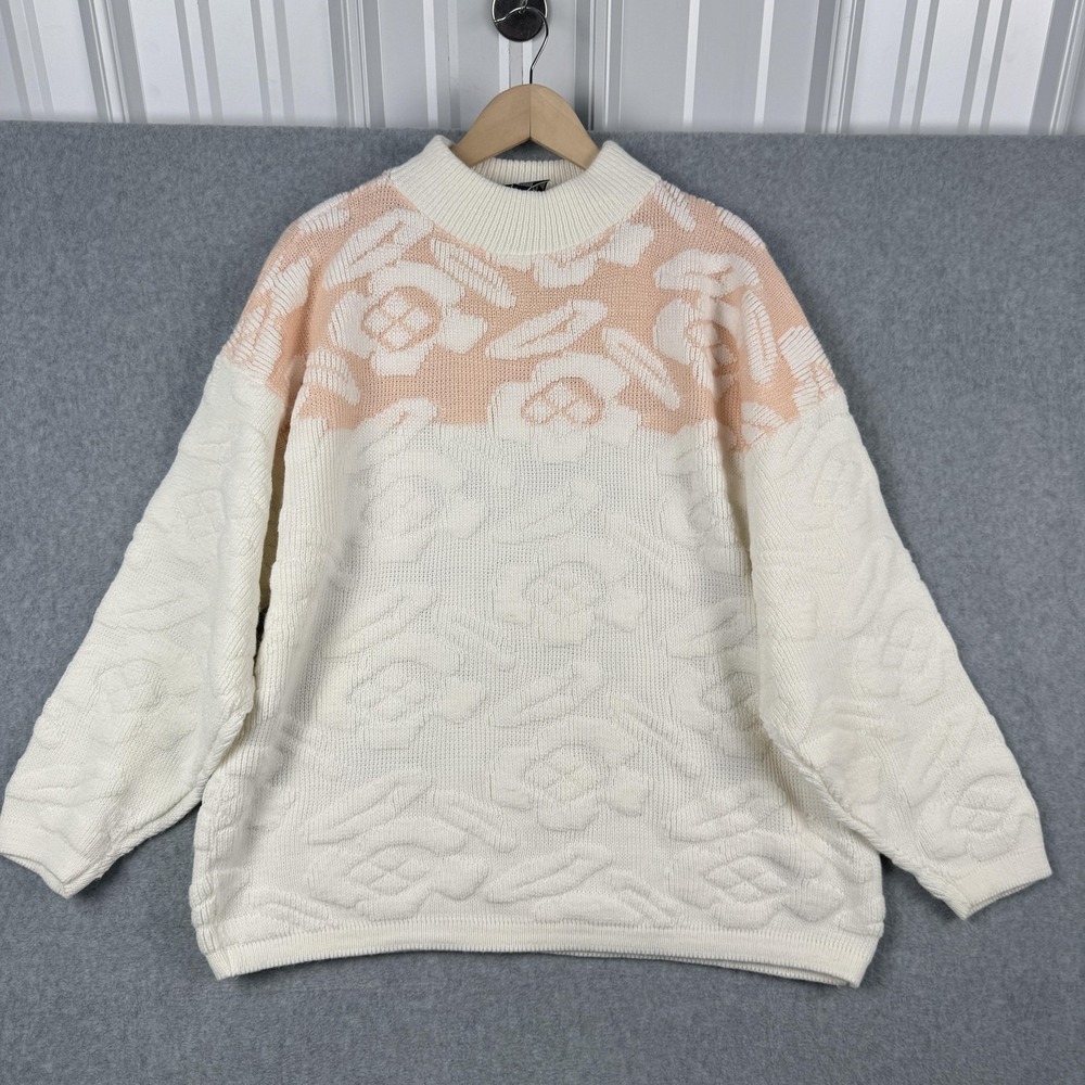 Vintage Justin Allen Xtra Sweater Womens Large White‎ Peach Floral Textured Mock